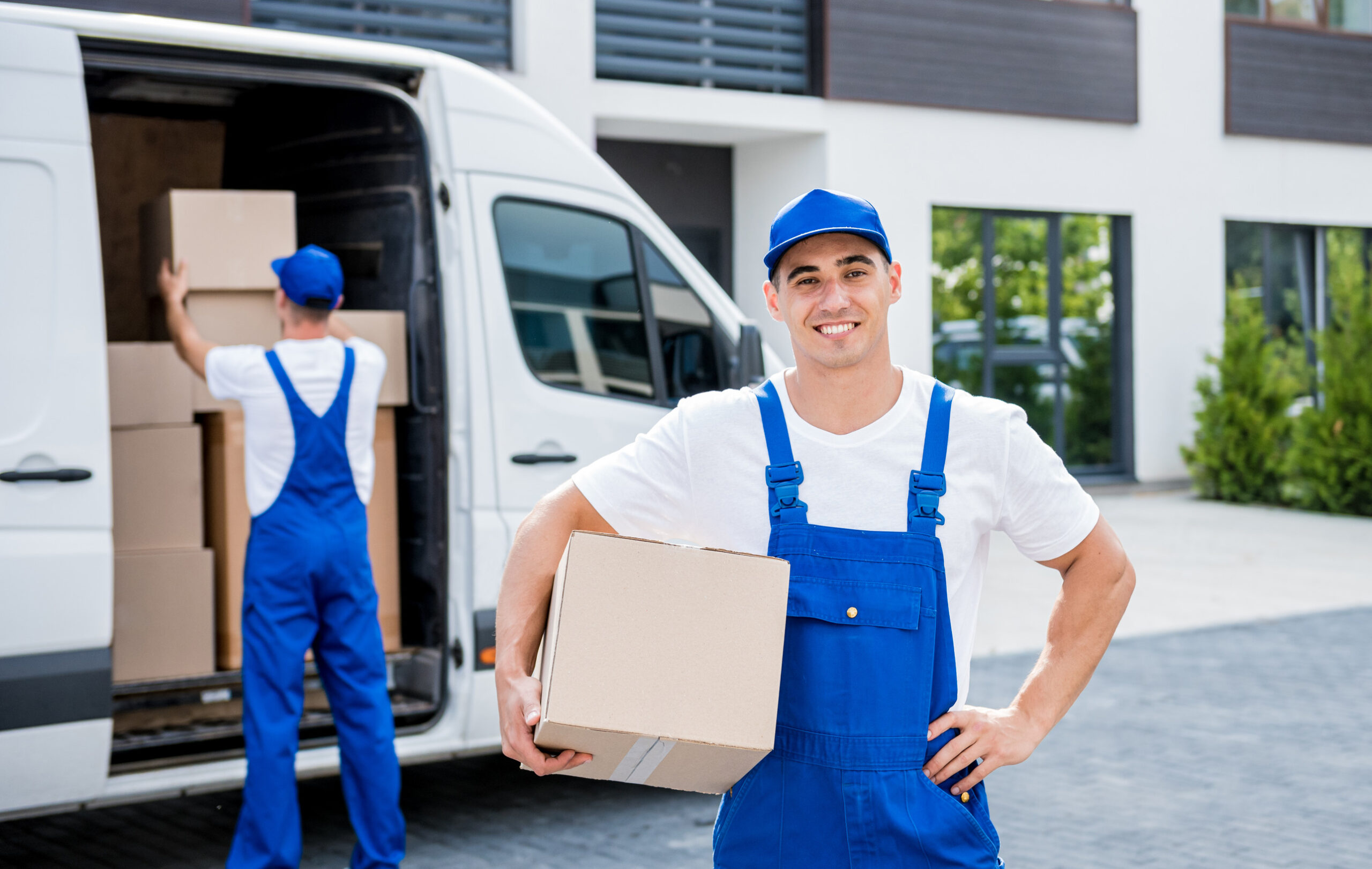 Professionelles Umzugsteam transportiert Kartons